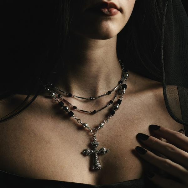 Sunday Mass layered rosary worn with mourning veil