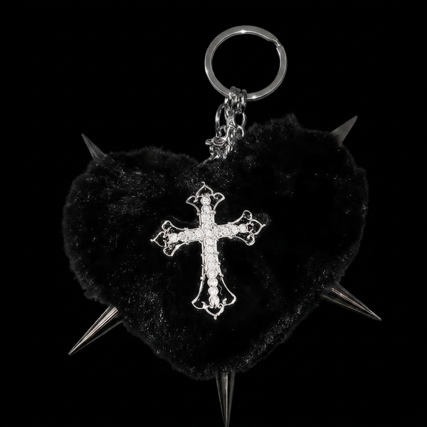 Cute Spiky Plushy spiked heart keychain on black