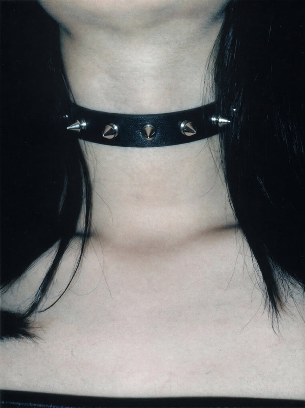 Model wearing the Guard Dog spiked leather collar, close-up
